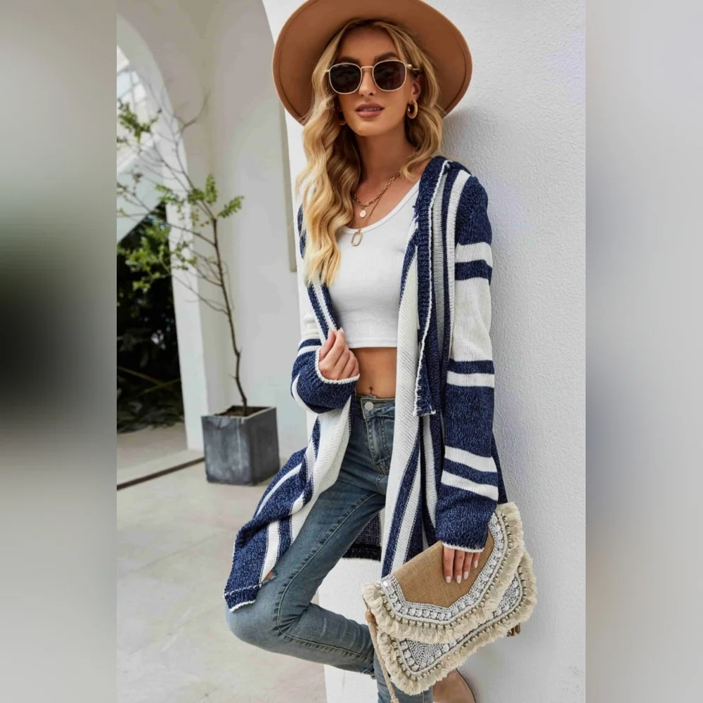 Long Hooded Oversized Knit Open Front Drape Cardigan Handkerchief Bohemian Chic - Picture 1 of 14